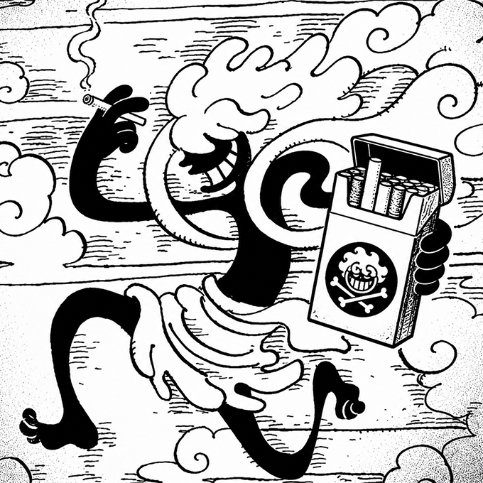 NIKKA running through the sky with a cigarette and a pack of smokes, laughing